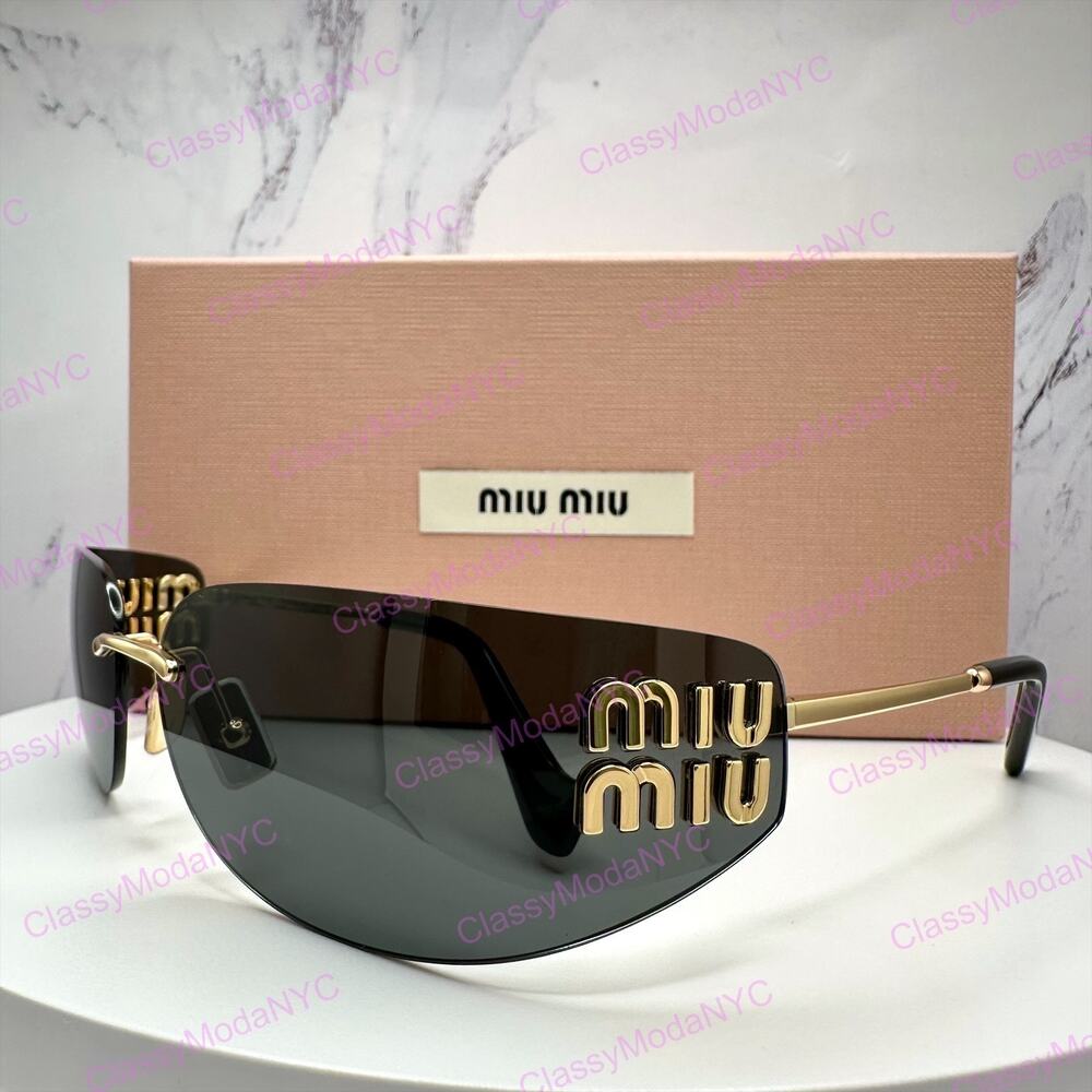 New MIU MIU Sunglasses Gold Dark Gray Lens Runway Wrap Rimless Authentic Miu Miu